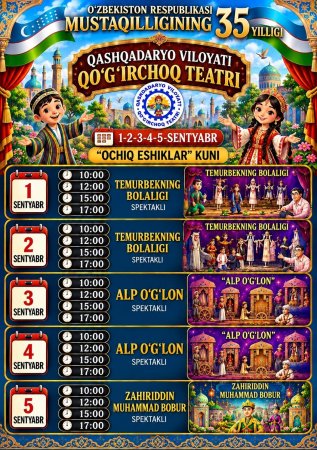 1-5-sentabr kunlari teatrimizda "Ochiq eshiklar kuni" o'tkaziladi. Barchangizni kutib qolamiz.